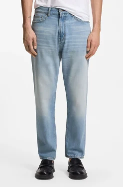 Relaxed-tapered-fit jeans in bright-blue denim