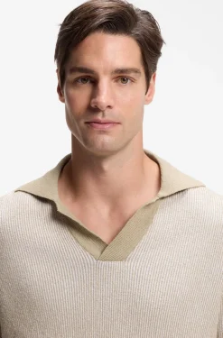 Rib-knit cotton-blend sweater with Johnny collar
