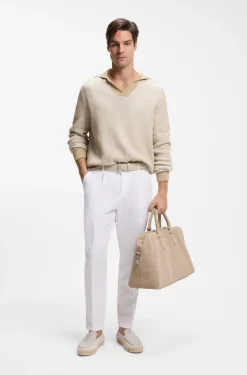 Rib-knit cotton-blend sweater with Johnny collar