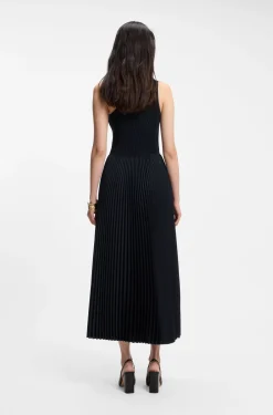 Rib-knit one-shoulder dress with plissé skirt
