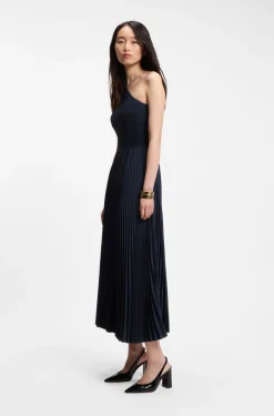 Rib-knit one-shoulder dress with plissé skirt