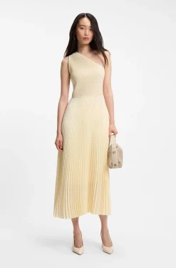 Rib-knit one-shoulder dress with plissé skirt