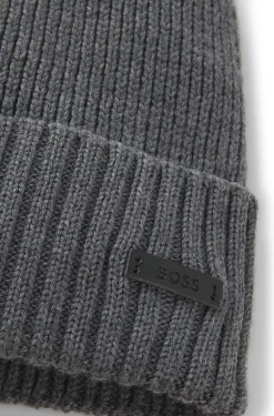 Rib-knit virgin-wool beanie with logo plaque