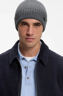 Rib-knit virgin-wool beanie with logo plaque