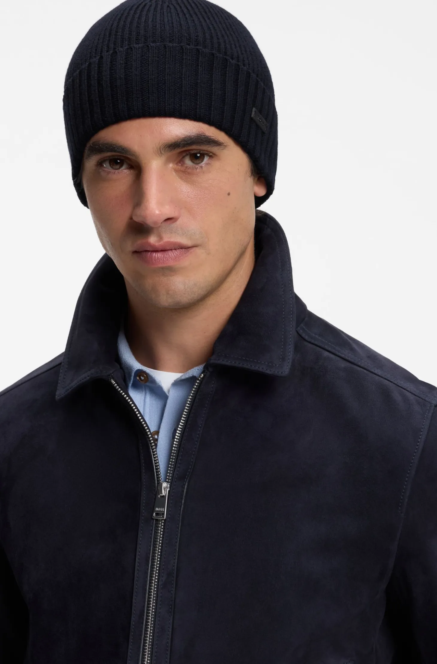 Rib-knit virgin-wool beanie with logo plaque