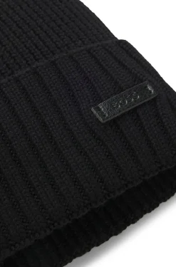 Rib-knit virgin-wool beanie with logo plaque