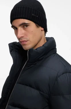 Rib-knit virgin-wool beanie with logo plaque