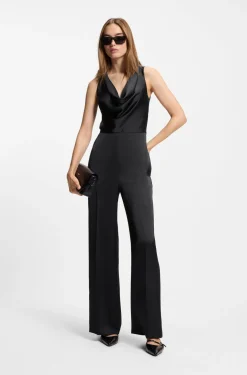 Satin jumpsuit with waterfall neckline