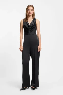 Satin jumpsuit with waterfall neckline