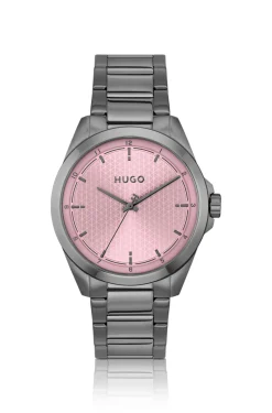Seam grey-plated watch with pink textured dial