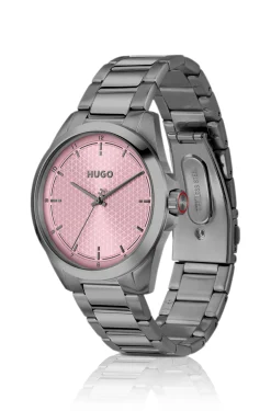 Seam grey-plated watch with pink textured dial