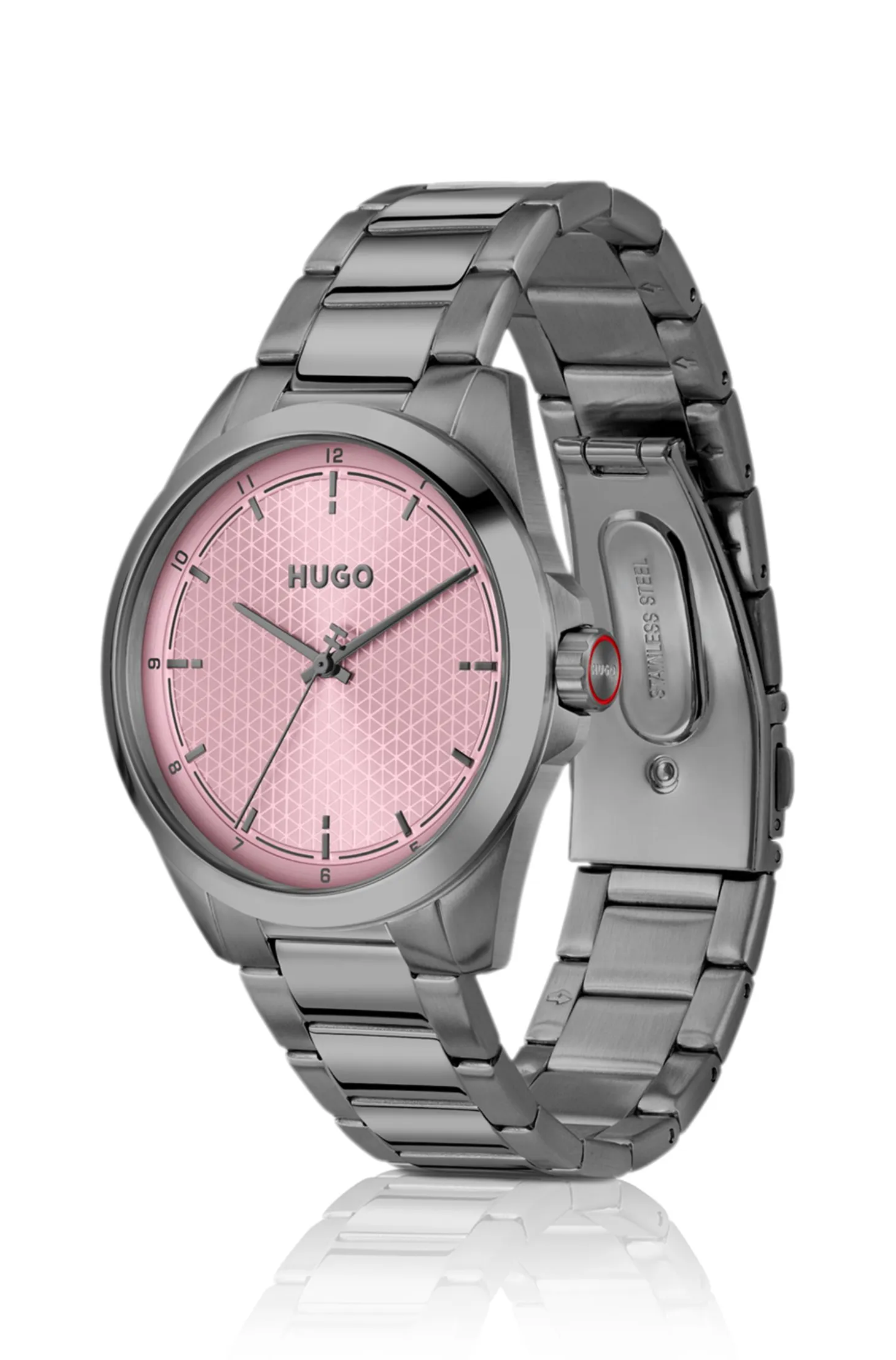 Seam grey-plated watch with pink textured dial