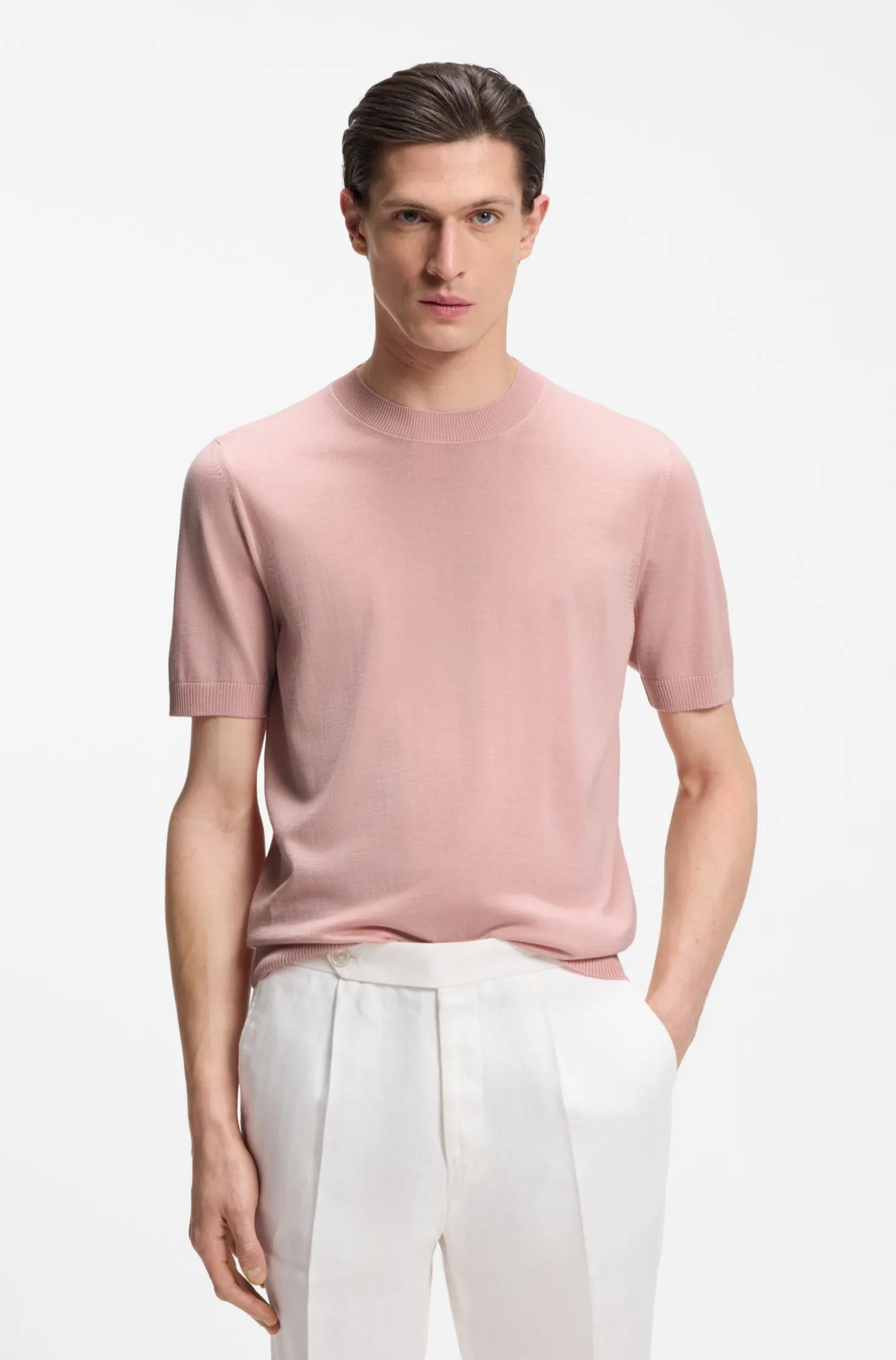 Short-sleeved knit T-shirt in merino wool