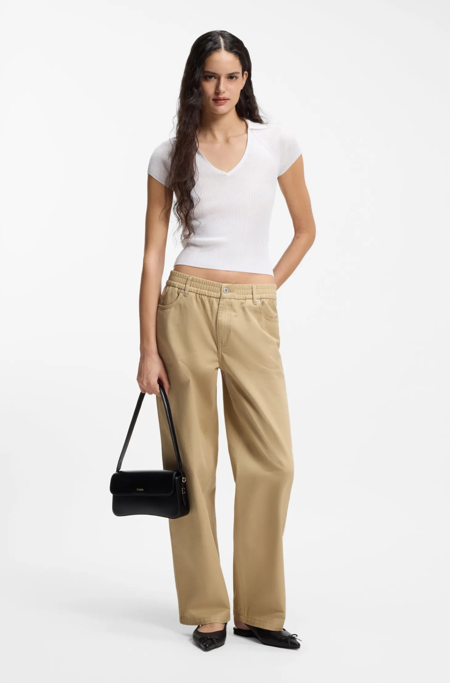 Short-sleeved sweater in stretch fabric with polo collar