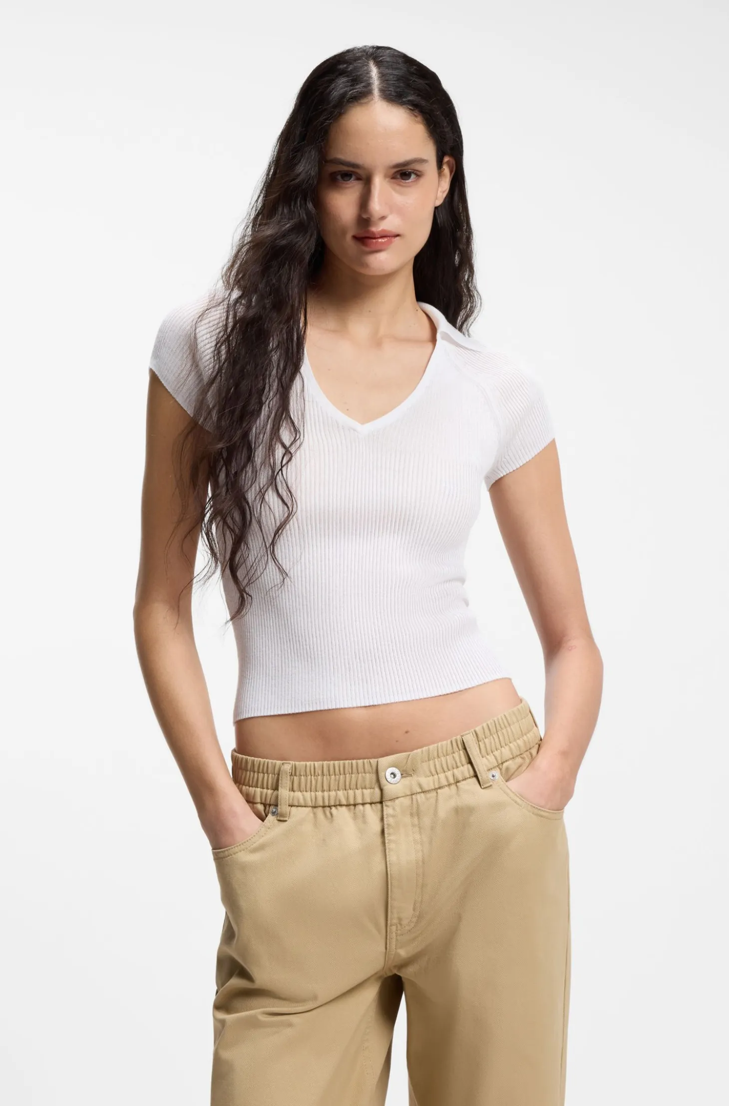 Short-sleeved sweater in stretch fabric with polo collar
