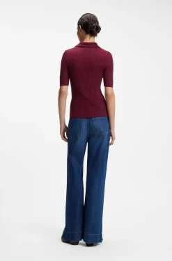 Short-sleeved wool-blend sweater with polo collar