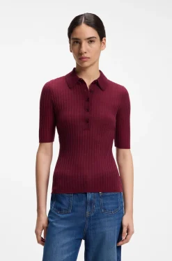 Short-sleeved wool-blend sweater with polo collar