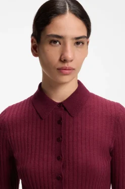 Short-sleeved wool-blend sweater with polo collar