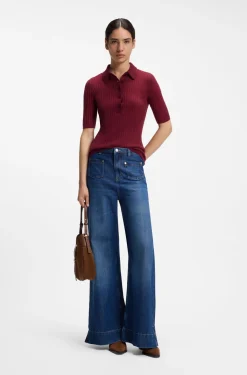 Short-sleeved wool-blend sweater with polo collar