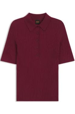 Short-sleeved wool-blend sweater with polo collar