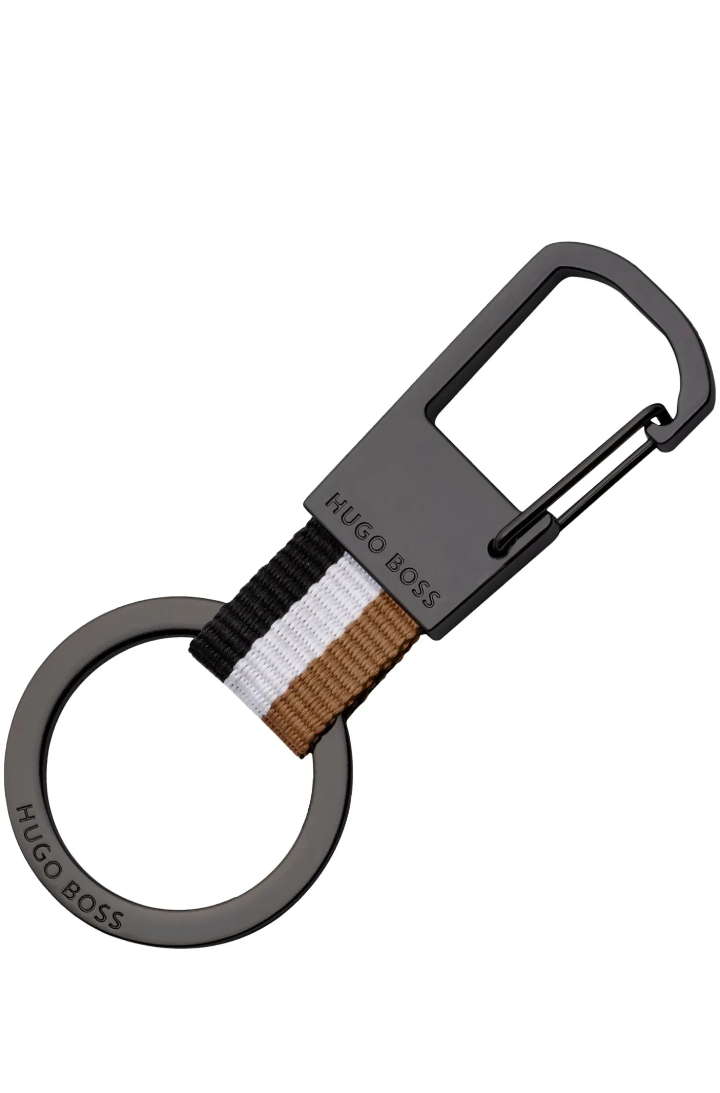Signature-stripe key ring with dark-chrome accents