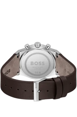 Silver-tone chronograph watch with brown leather strap