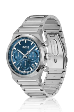 Silver-tone chronograph watch with blue dial