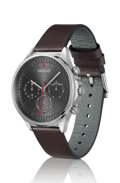 Silver-tone watch with brown leather strap