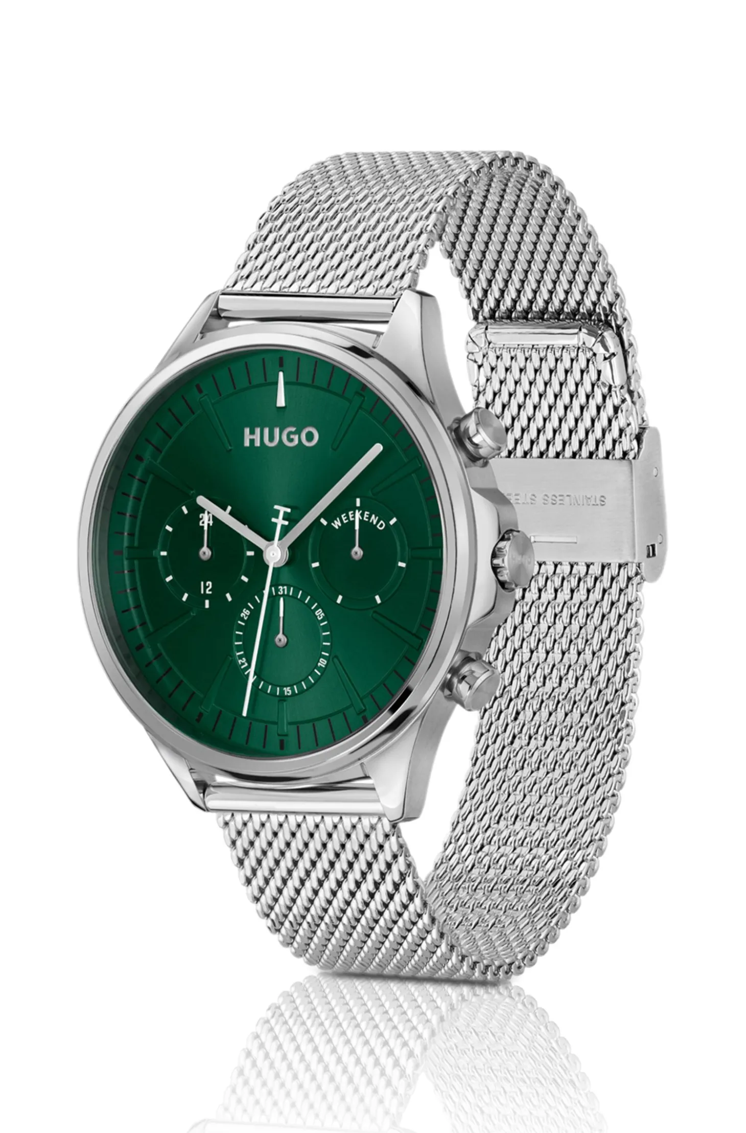Silver-tone watch with green dial