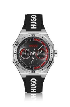 Silver-tone watch with silicone logo strap