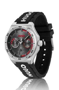 Silver-tone watch with silicone logo strap