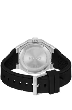 Silver-tone watch with silicone logo strap