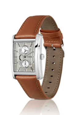 Silver-tone watch with textured skeleton dial