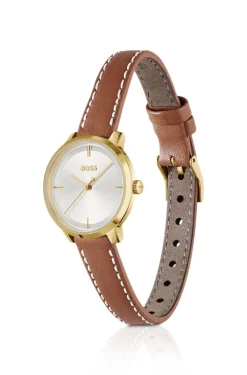 Silver-white-dial watch with leather strap