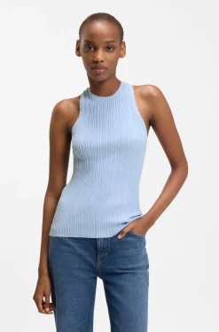 Sleeveless racer-back top in ribbed crepe fabric