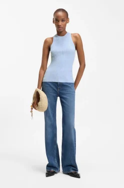 Sleeveless racer-back top in ribbed crepe fabric