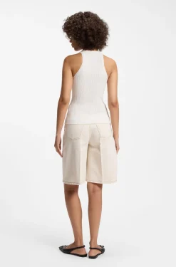 Sleeveless racer-back top in ribbed crepe fabric