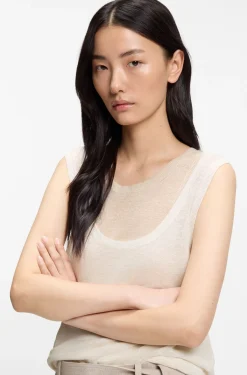 Sleeveless top in linen and cotton with layered design