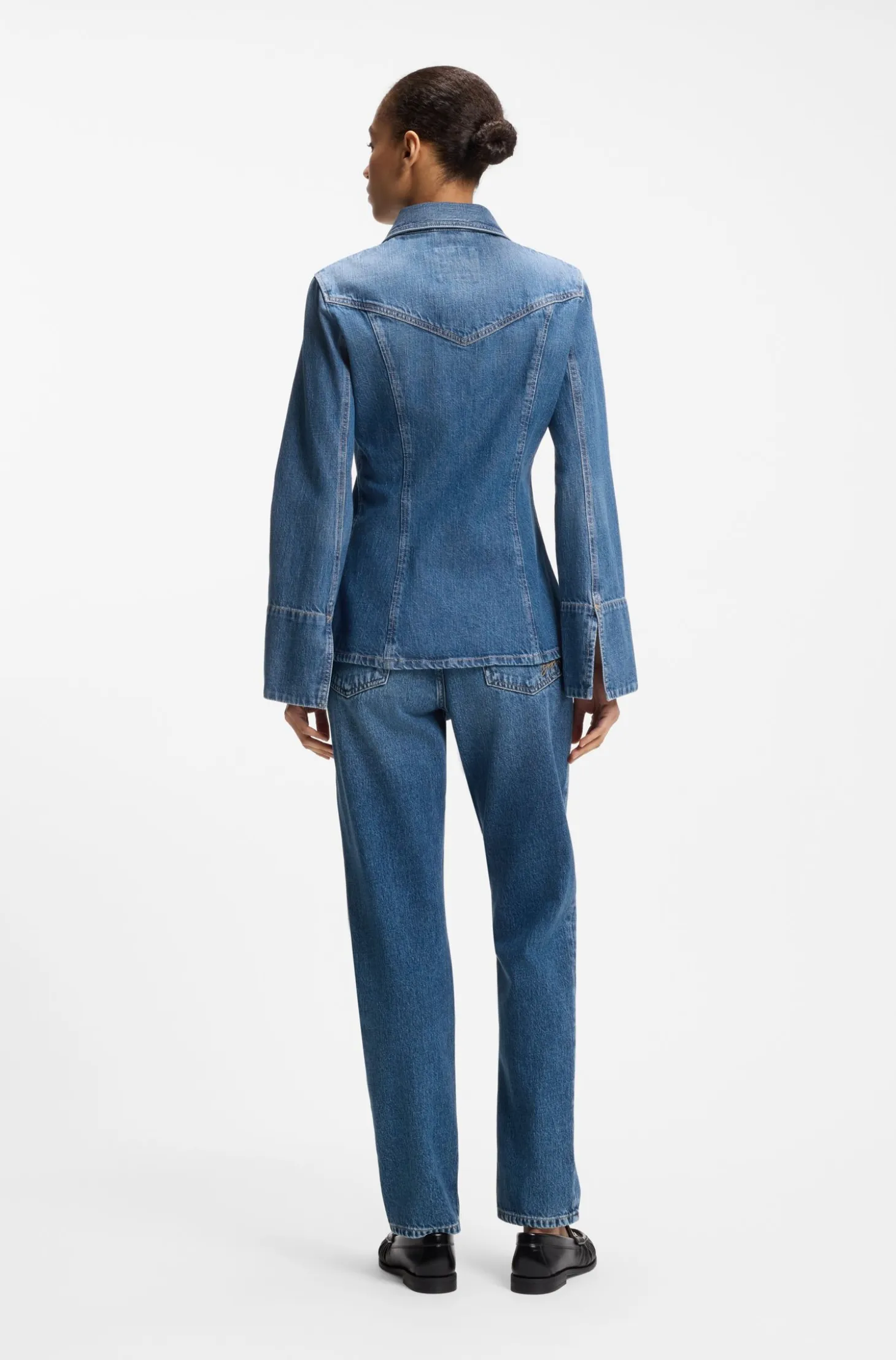 Slim-fit blouse in rigid crosshatch denim