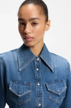 Slim-fit blouse in rigid crosshatch denim
