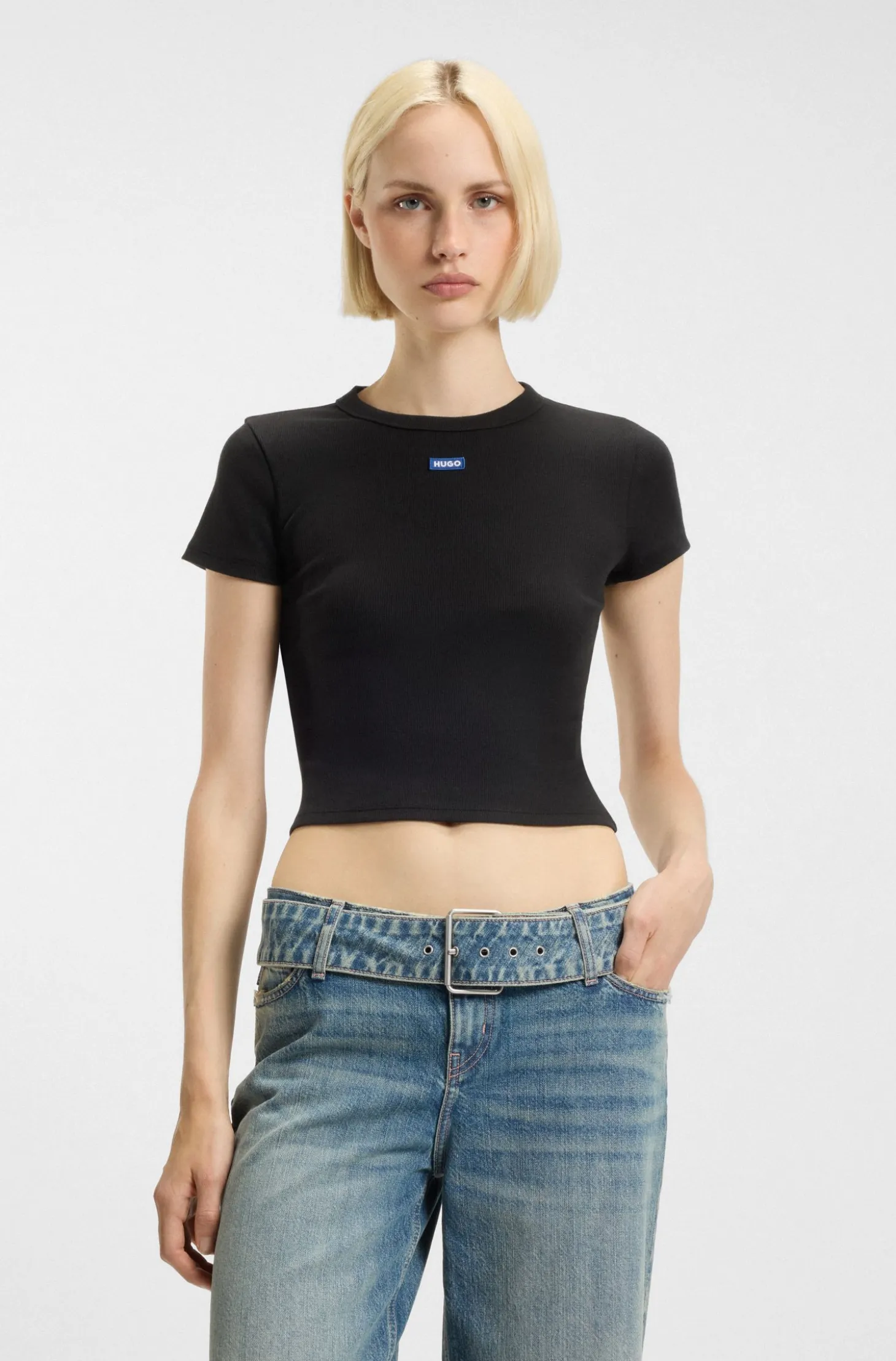 Slim-fit cropped T-shirt in stretch cotton
