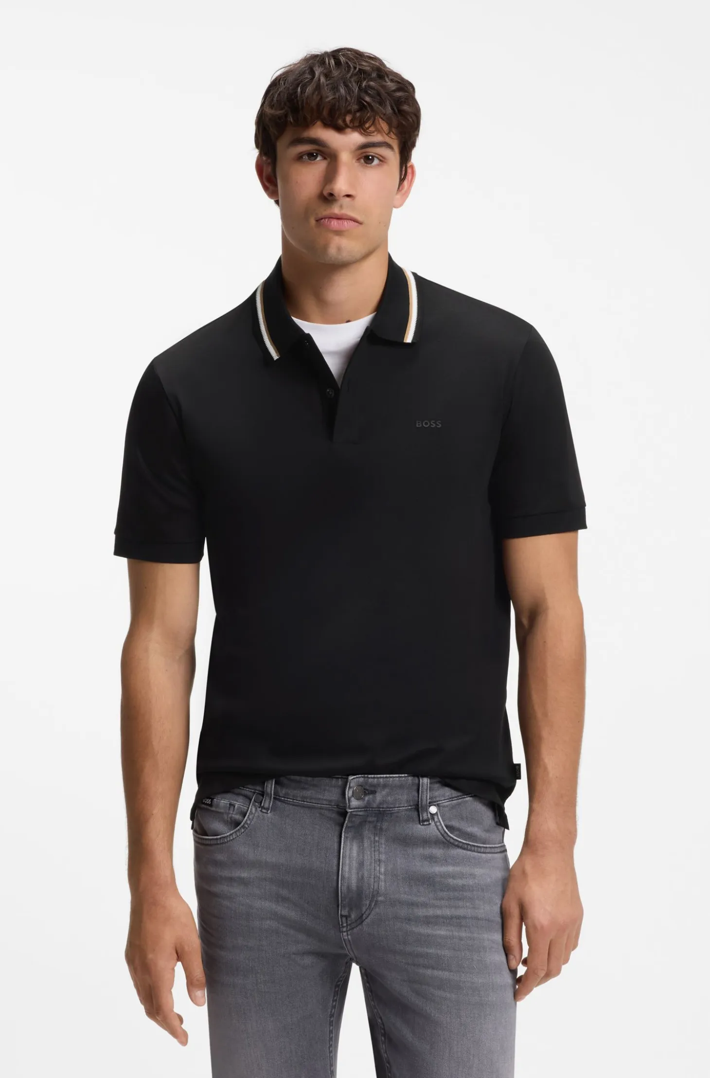 Slim-fit polo shirt in cotton with striped collar