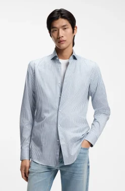 Slim-fit shirt in Italian-made striped cotton twill