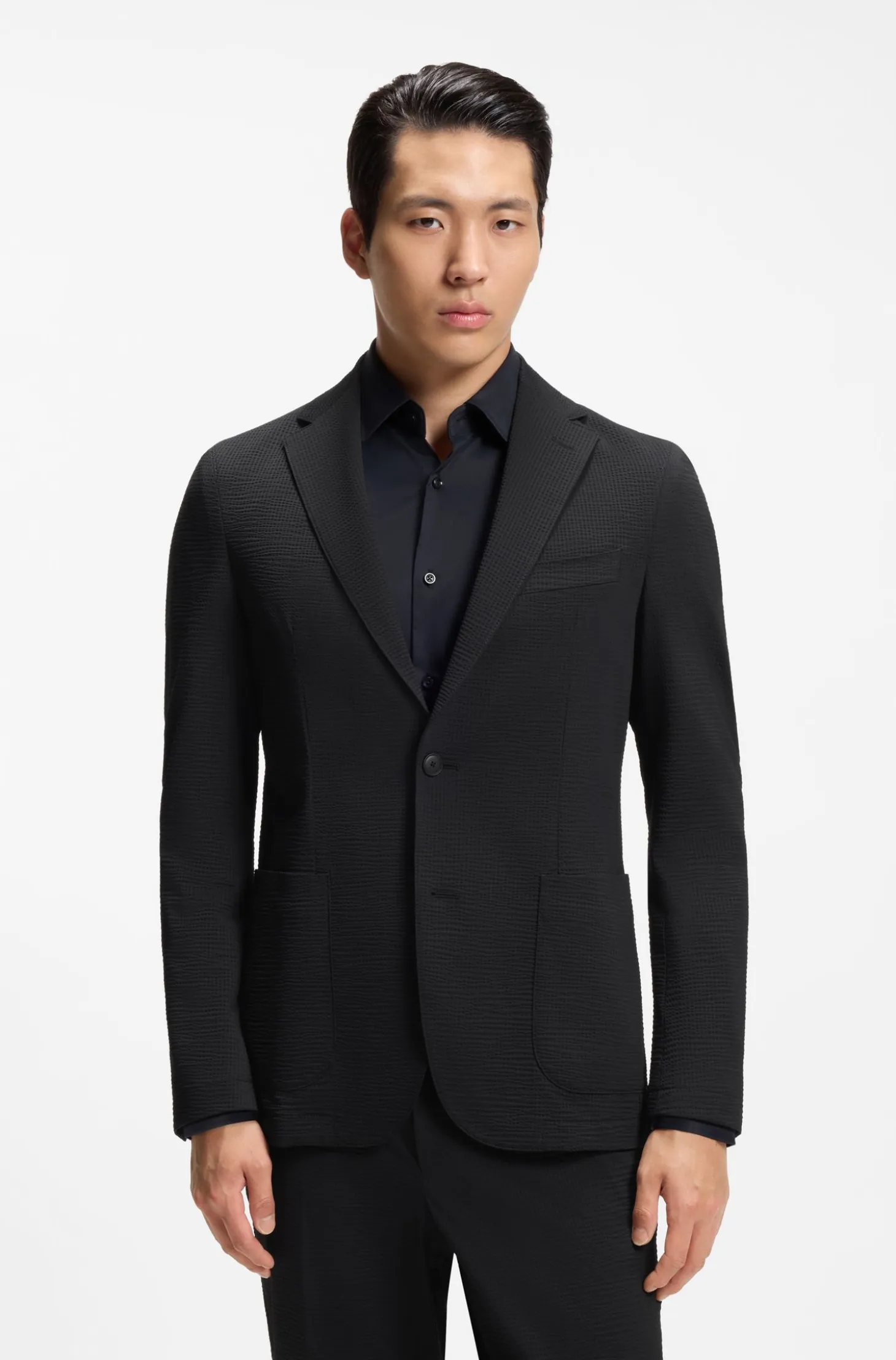 Slim-fit suit jacket in stretch seersucker