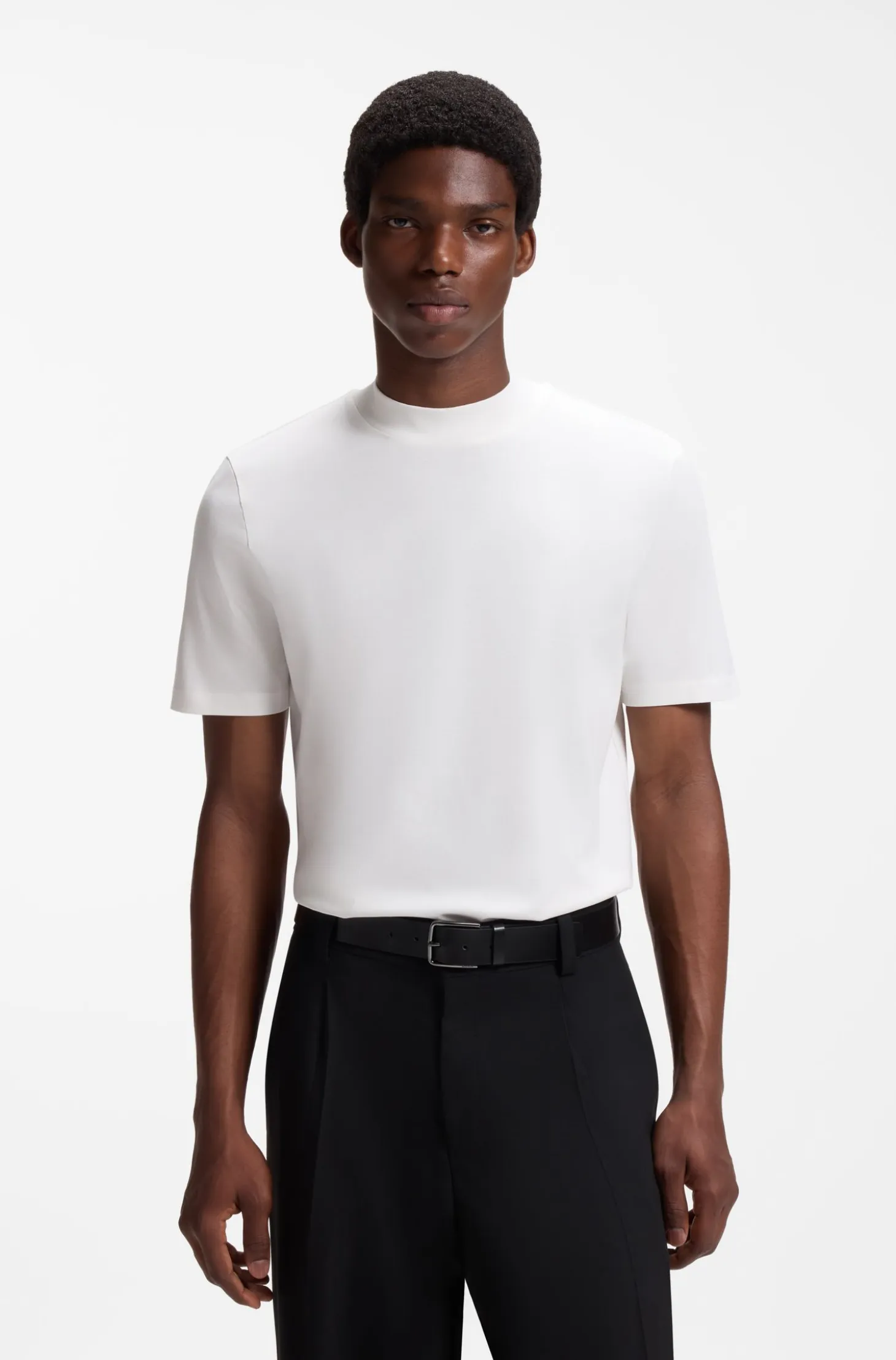 Slim-fit T-shirt in stretch cotton with stand collar