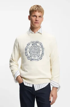 Slub-knit sweater with crest-logo intarsia