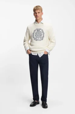 Slub-knit sweater with crest-logo intarsia