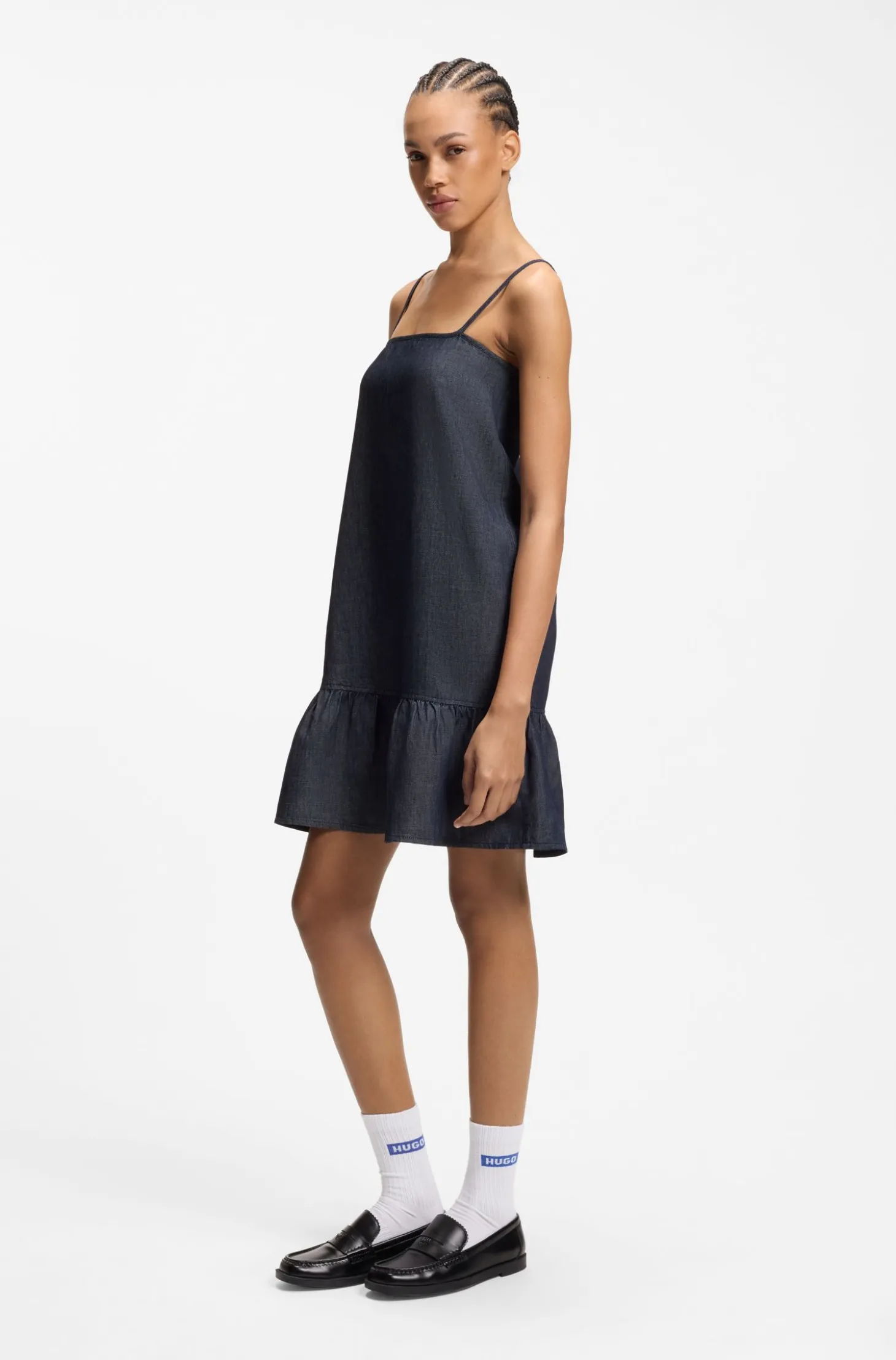 Spaghetti-strap dress in cotton-blend denim