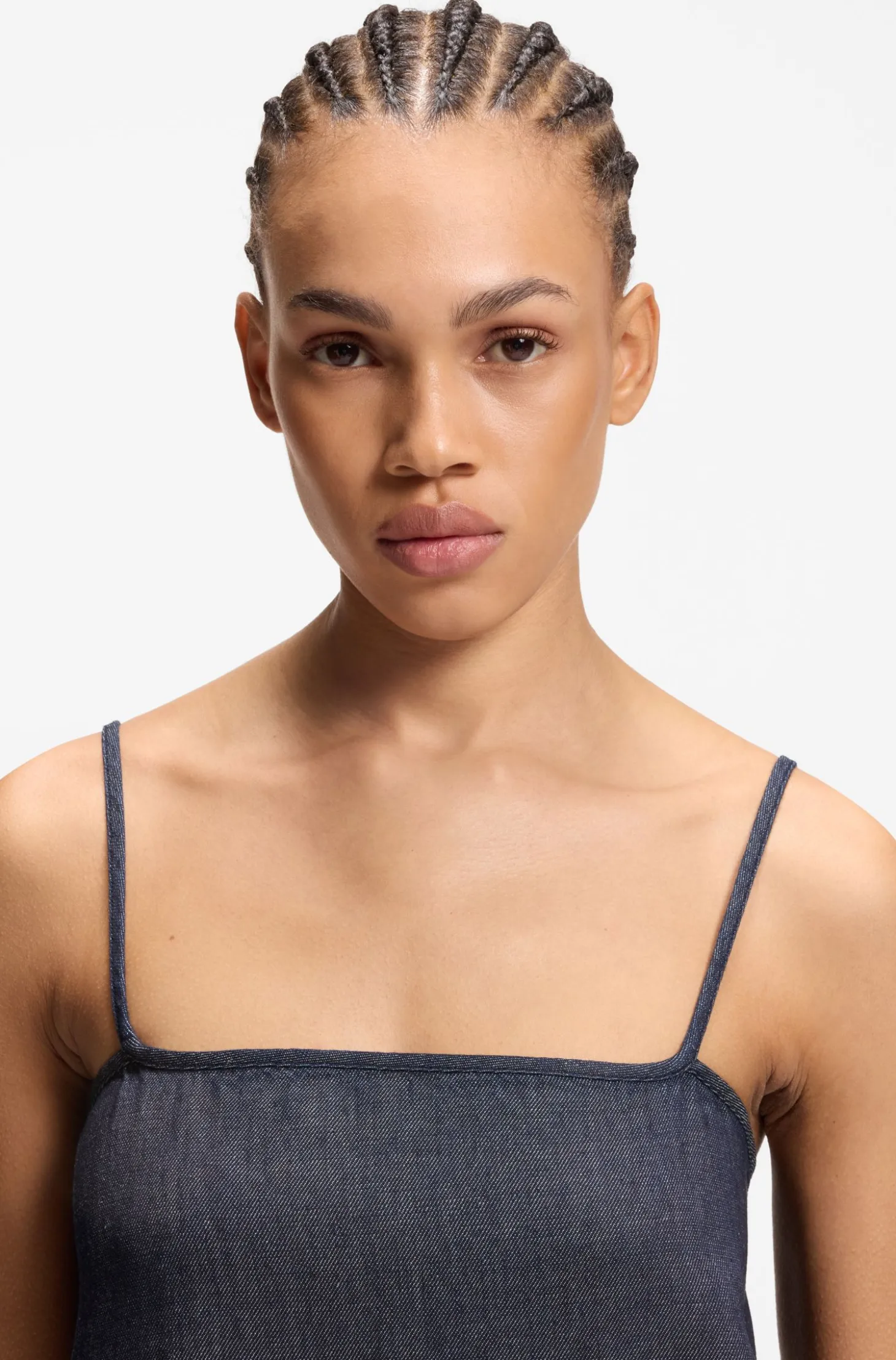 Spaghetti-strap dress in cotton-blend denim
