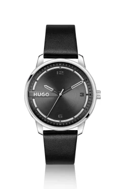Stainless-steel watch with black leather strap